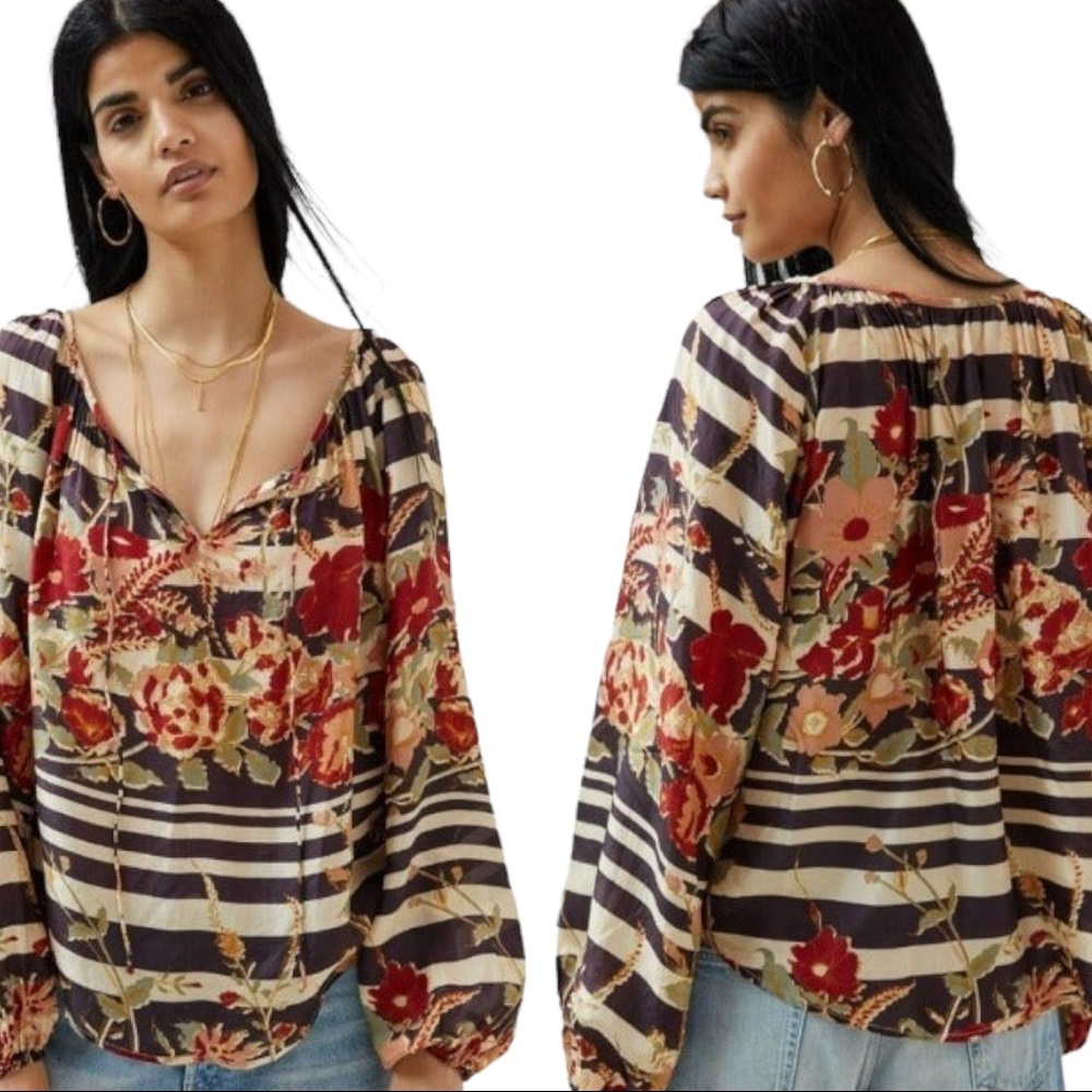 Mes Demoiselles Paris Anthropologie Sisley XS / S Silk Red Black Floral Striped